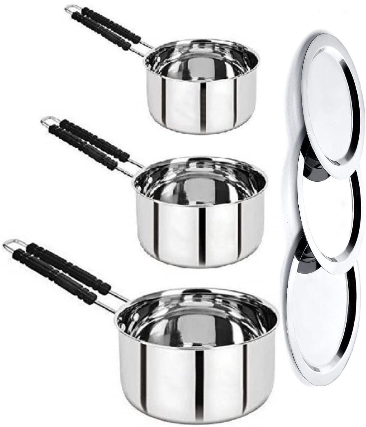 Steel Saucepan Set with Lid for Tea, Coffee, Dal Cookware Set Milk Pan Tapeli K0 4.3 inch, 5.9 inch, 6.6 inch Lid Set, Pack of 6-image-13