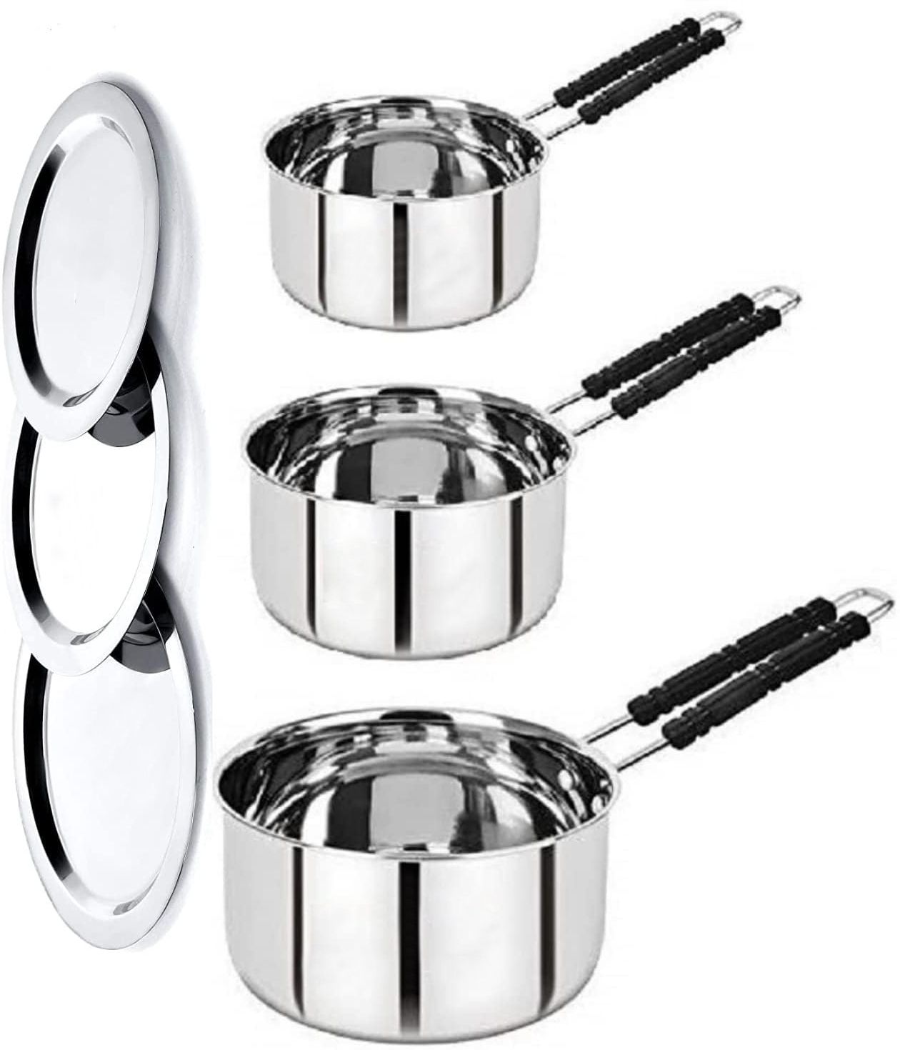 narv Stainless Steel Sauce Pan Milk Boiler Cookware with Handle Lid 2, 1.5 &1 L K0 Bowl Serving Set-picture-14