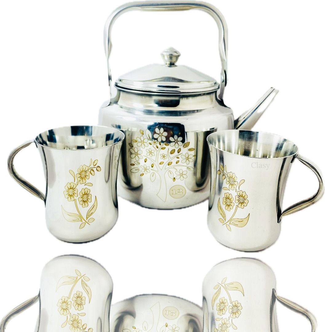 Pack of 3 Stainless Steel S.S Laser Printed Tea Kettle 1 Ltr With 2 Pcs Of Cups 200Ml Each Mirror Polish-image-18