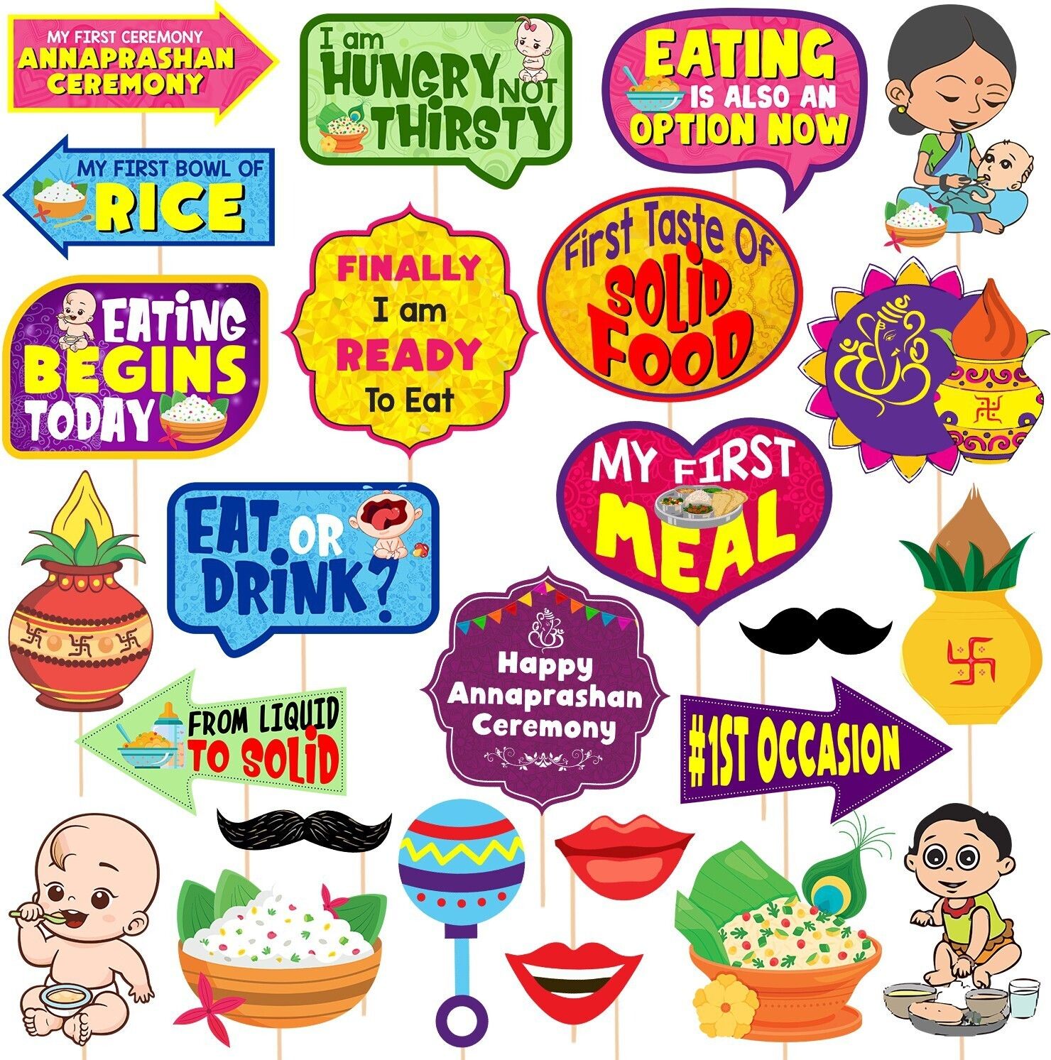 zyozi 25 Pcs Annaprasanam Photo Booth Props,Baby Photoshoot Props for Rice Ceremony Photo Booth Board-picture-10