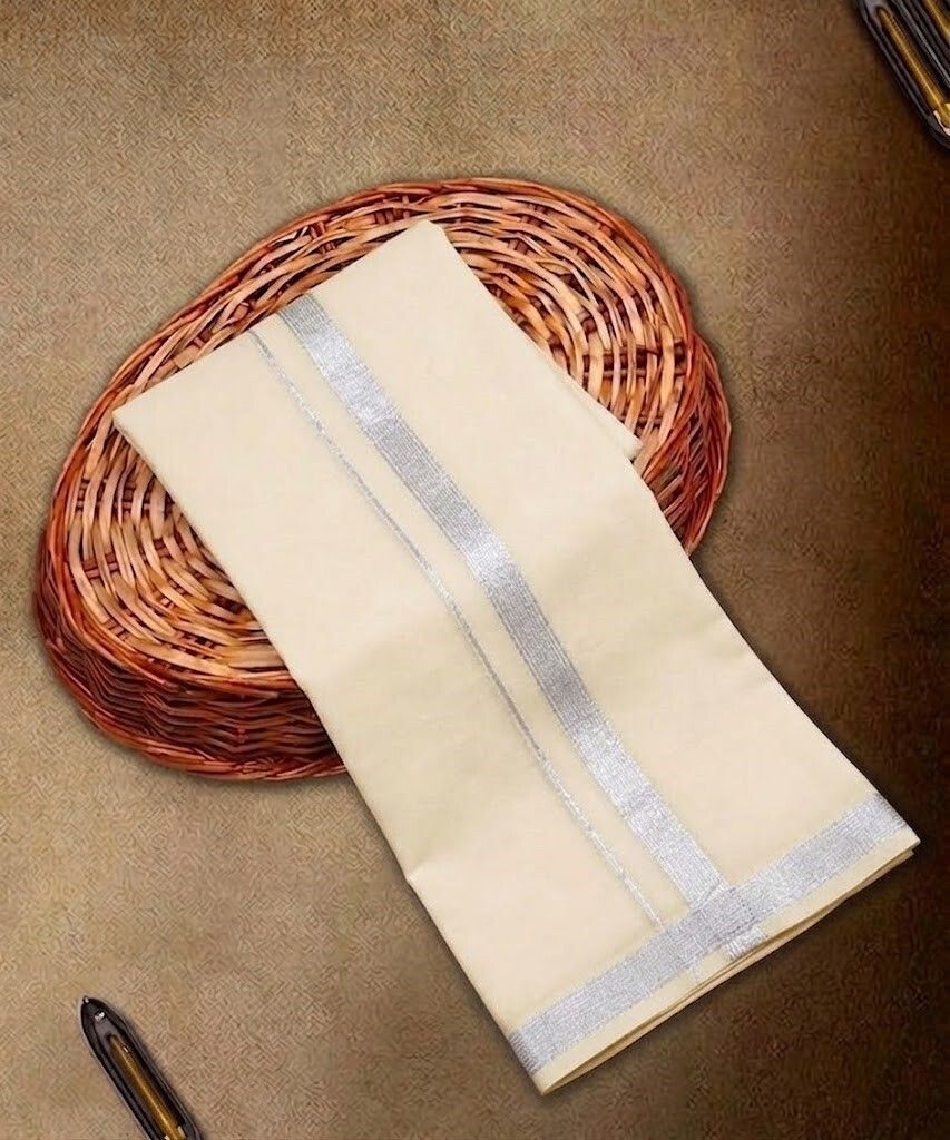SaveriGroup Men Cotton Double Layer Cream Dhoti with 1" Silver Border 4 Mtrs Solid Women Dhoti-picture-17
