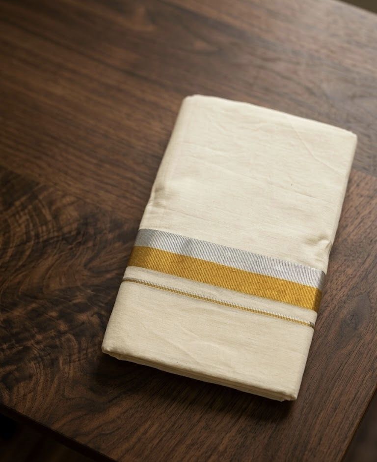 NANMAYA Men Cotton Double Cream Dhoti Mundu with 1" Silver and Gold Border 4.00 Mtrs Solid Women Dhoti-image-34