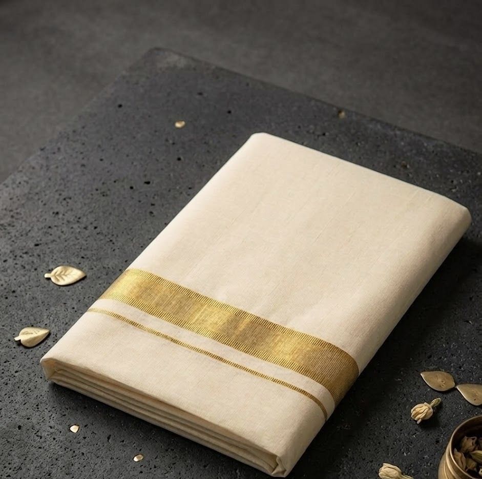 NANMAYA Men Cotton Double Layer Cream Dhoti with 1" Gold Jari Border Golden Mark Solid Women Dhoti-picture-35