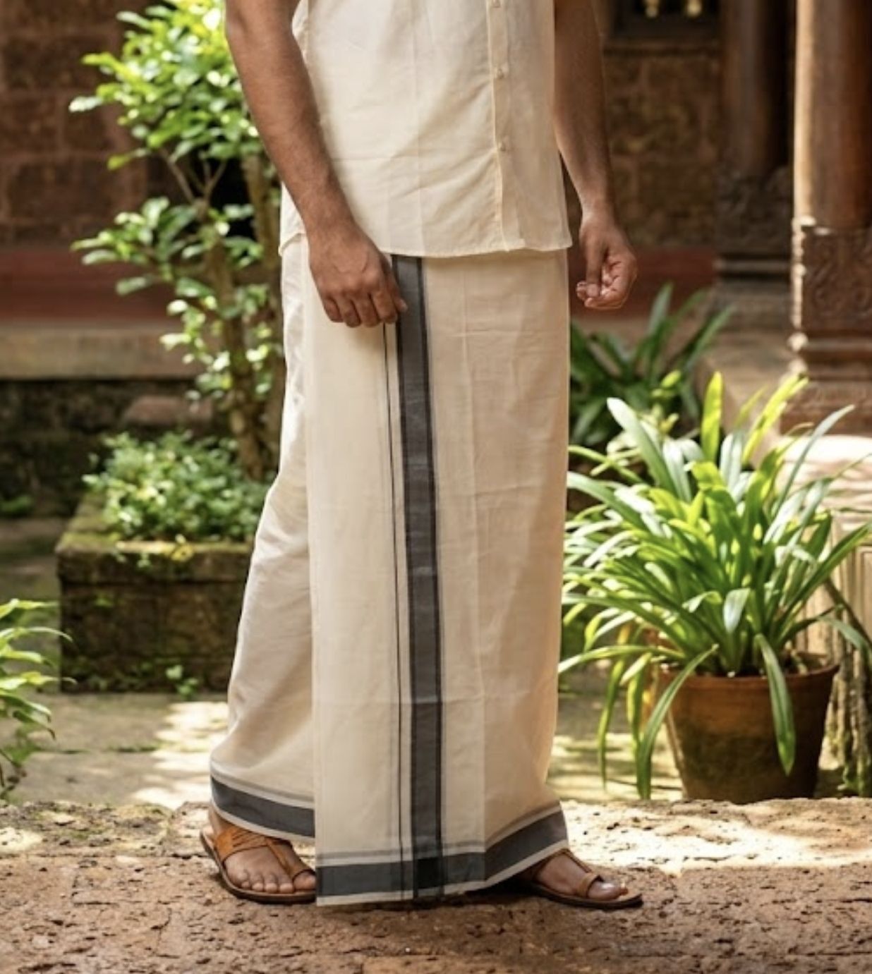 NANMAYA Men Cotton Double Cream Dhoti Mundu with 1" Black and Gold Border 4.00 Mtrs Solid Women Dhoti-image-40