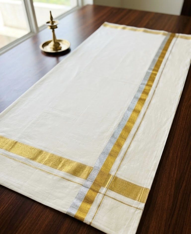 NANMAYA Men Cotton Double Cream Dhoti Mundu with 1" Silver and Gold Border 4.00 Mtrs Solid Women Dhoti-image-35