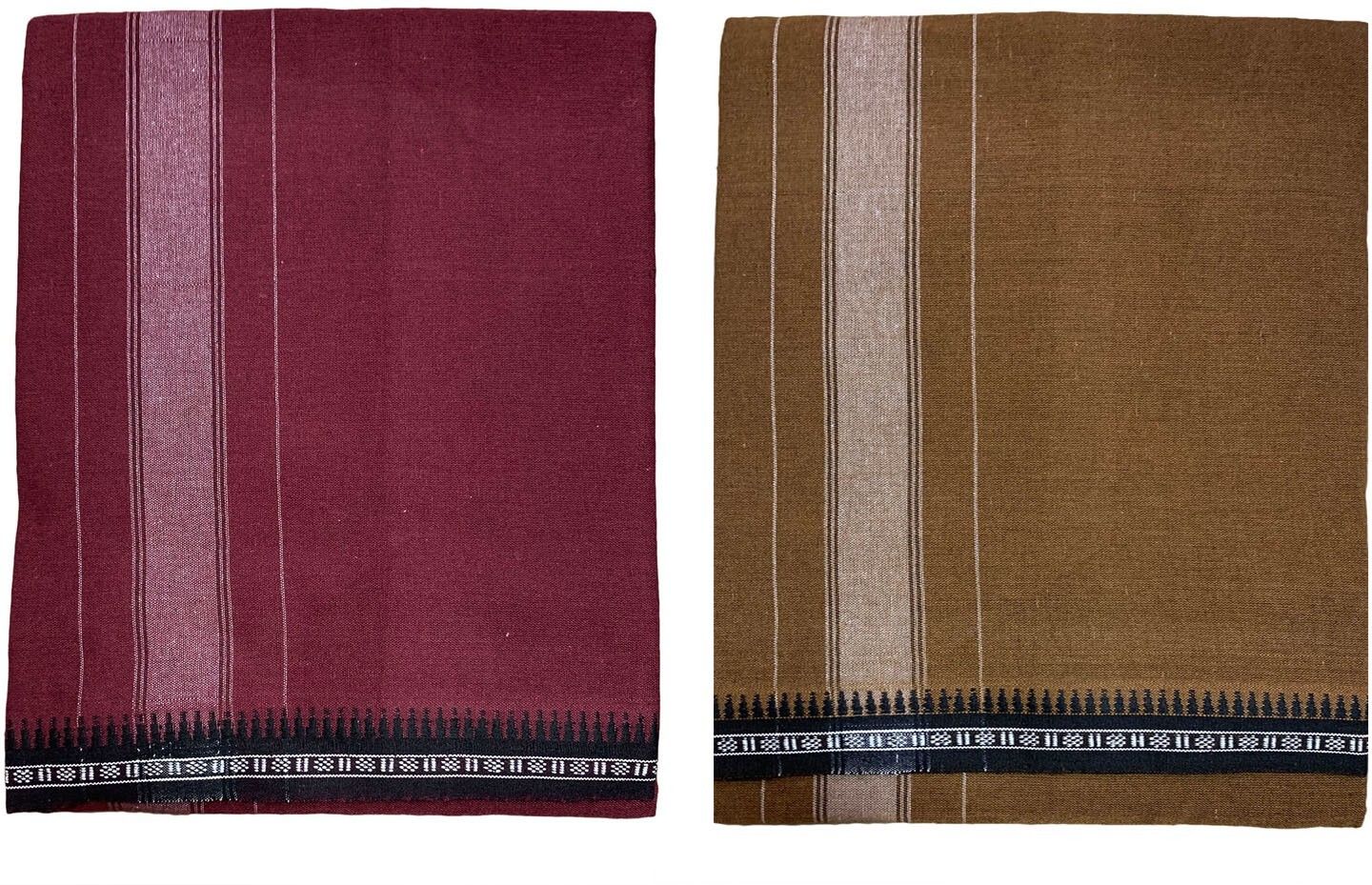 Prakasam Cotton Premium quality Mens Kerala Style Thalapathi Border Single (1.28X2.00 mtrs) -Dhoti-kerala Single mundu (Pack of 2 dhoties)-Cherry:Kakki Solid Men Dhoti-picture-11