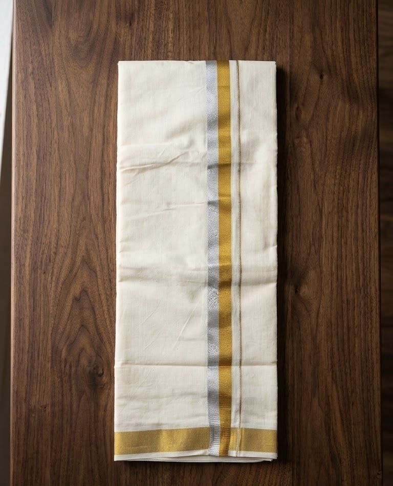 NANMAYA Men Cotton Double Cream Dhoti Mundu with 1" Silver and Gold Border 4.00 Mtrs Solid Women Dhoti-image-9