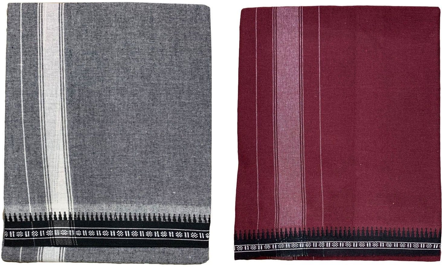Prakasam Cotton Premium quality Mens Kerala Style Thalapathi Border Single (1.28X2.00 mtrs) -Dhoti-kerala Single mundu (Pack of 2 dhoties)-Ash:Cherry Solid Men Dhoti-picture-14