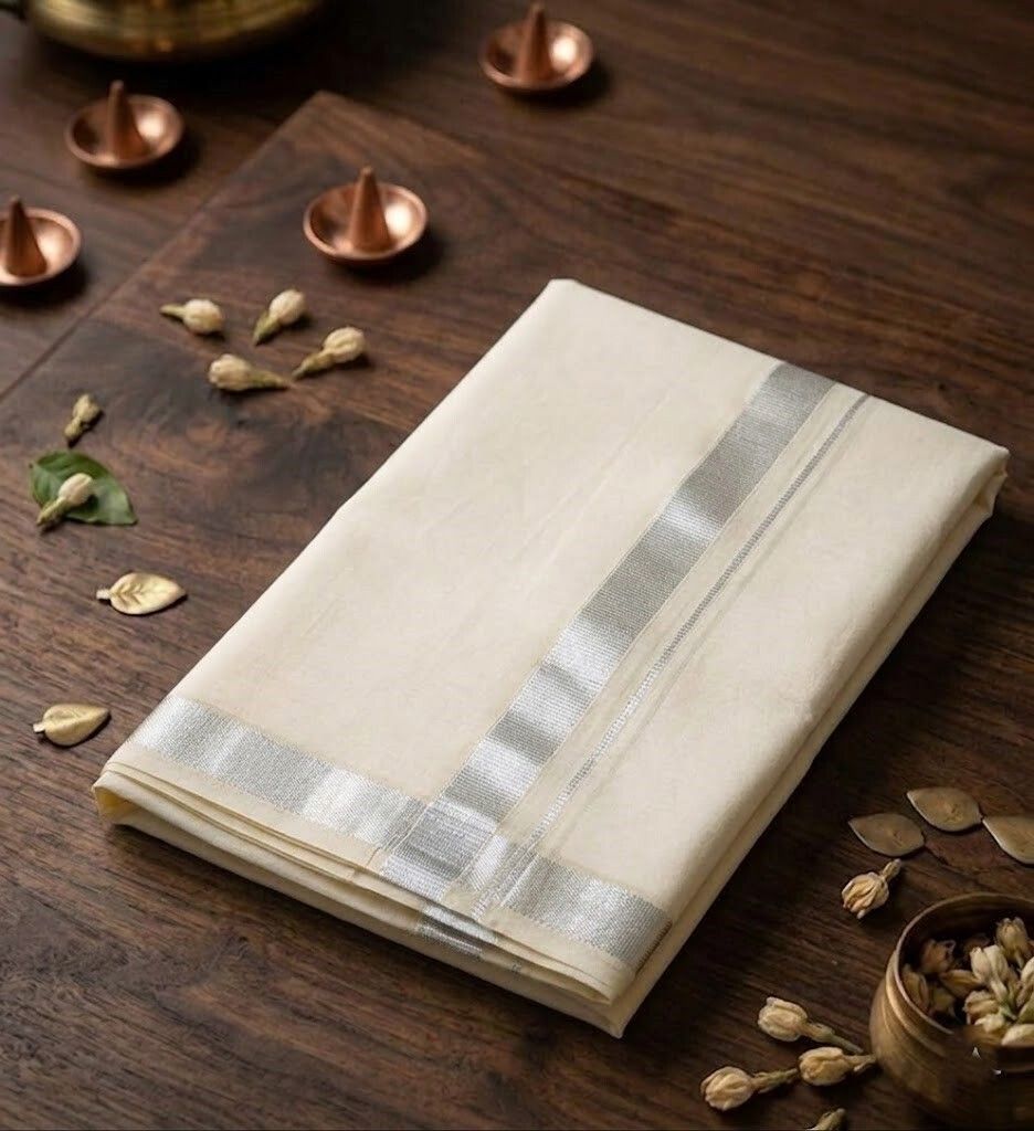 Kunjus Men Cotton Double Layer Cream Dhoti with 1" Silver Border 4 Mtrs Solid Women Dhoti-image-39