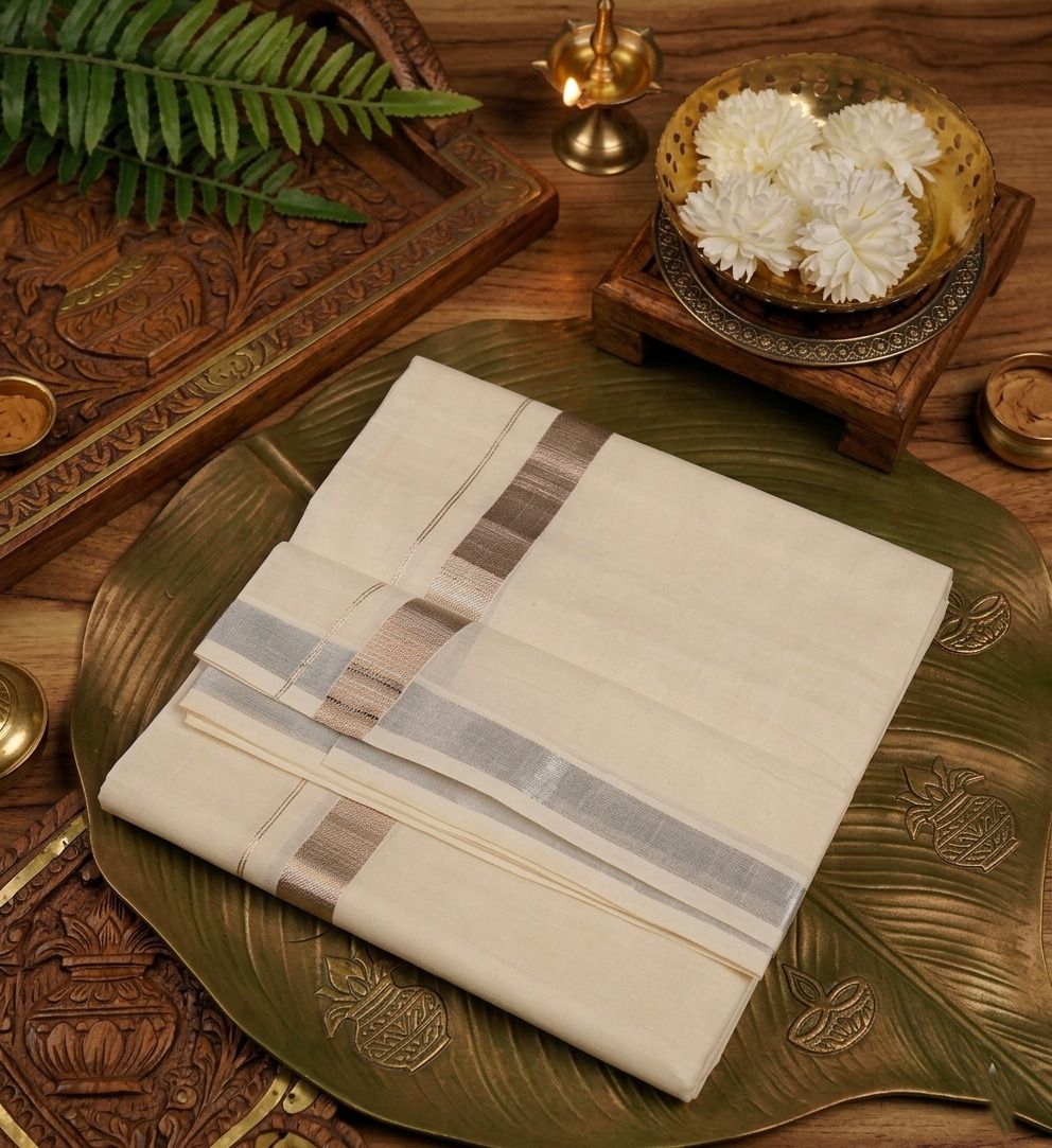 Kunjus Men Cotton Double Layer Cream Dhoti with 1" Silver Border 4 Mtrs Solid Women Dhoti-image-43