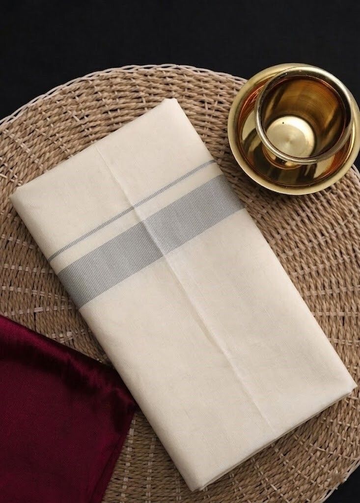 Kunjus Men Cotton Double Layer Cream Dhoti with 1" Silver Border 4 Mtrs Solid Women Dhoti-image-41