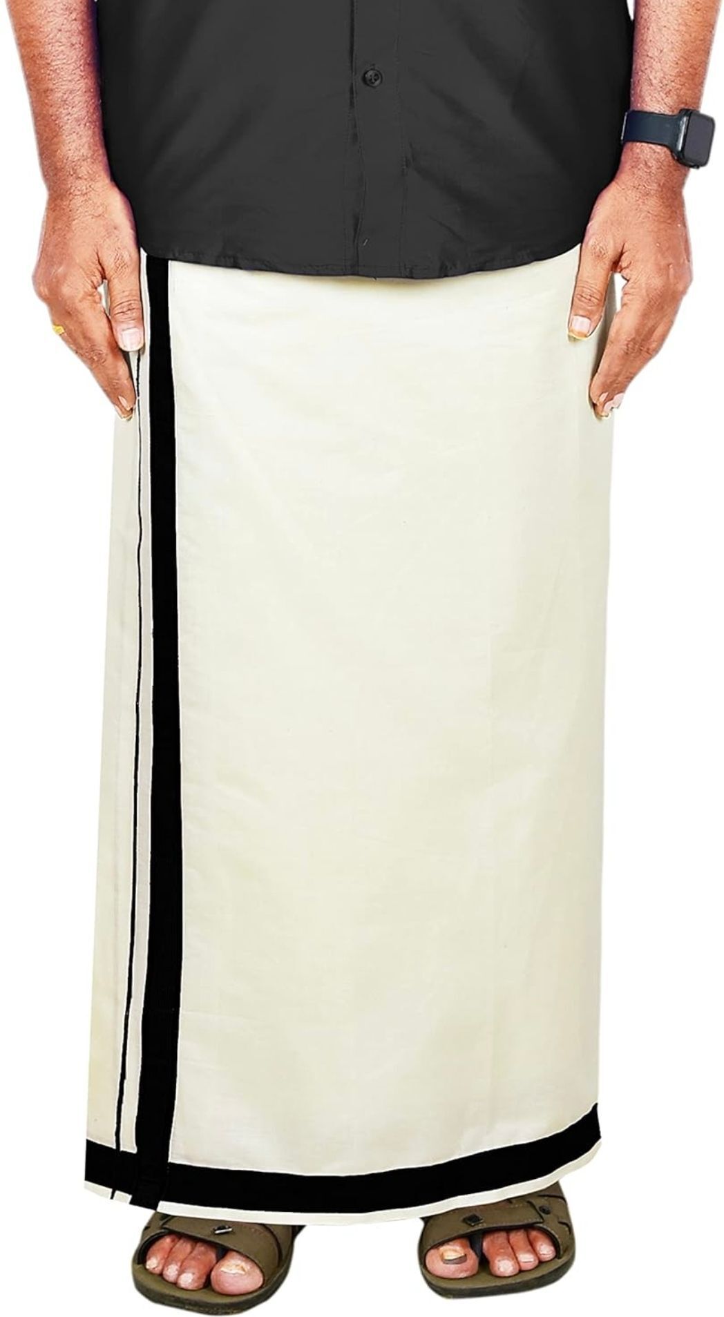 NANMAYA Men Cotton Double Layer Cream Dhoti with 1" Black Border 4 Mtrs Solid Women Dhoti-image-45