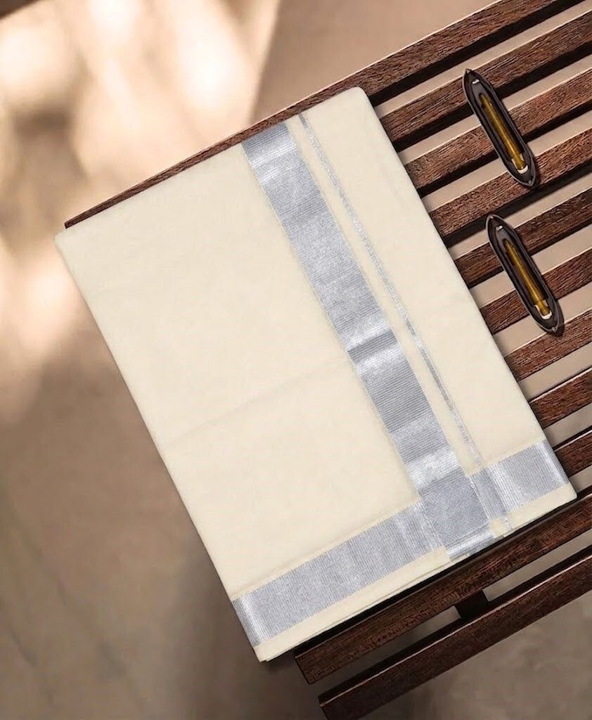 Kunjus Men Cotton Double Layer Cream Dhoti with 1" Silver Border 4 Mtrs Solid Women Dhoti-image-25