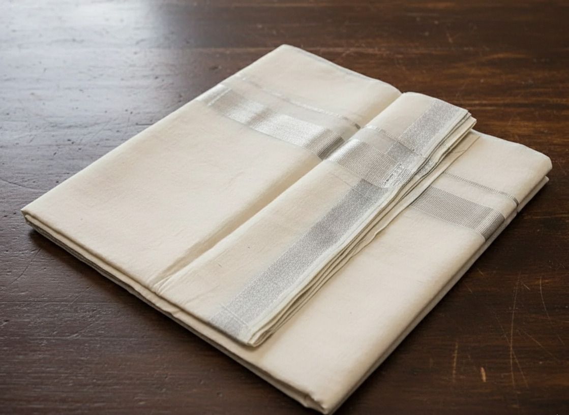 SaveriGroup Men Cotton Double Layer Cream Dhoti with 1" Silver Border 4 Mtrs Solid Women Dhoti-image-49