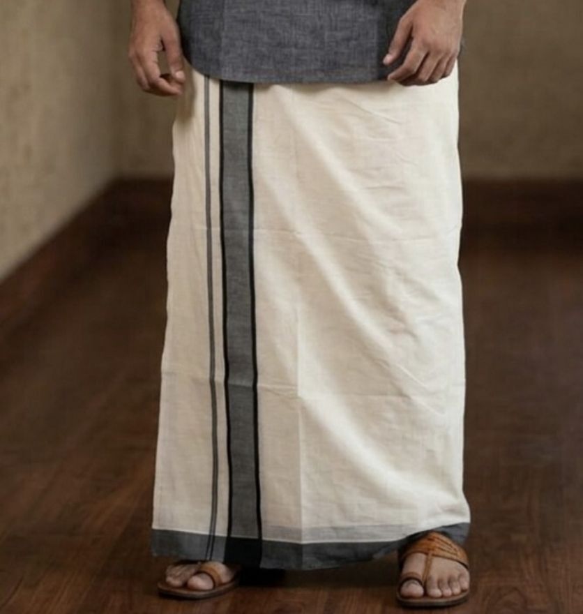 NANMAYA Men Cotton Double Cream Dhoti Mundu with 1" Black and Gold Border 4.00 Mtrs Solid Women Dhoti-image-36