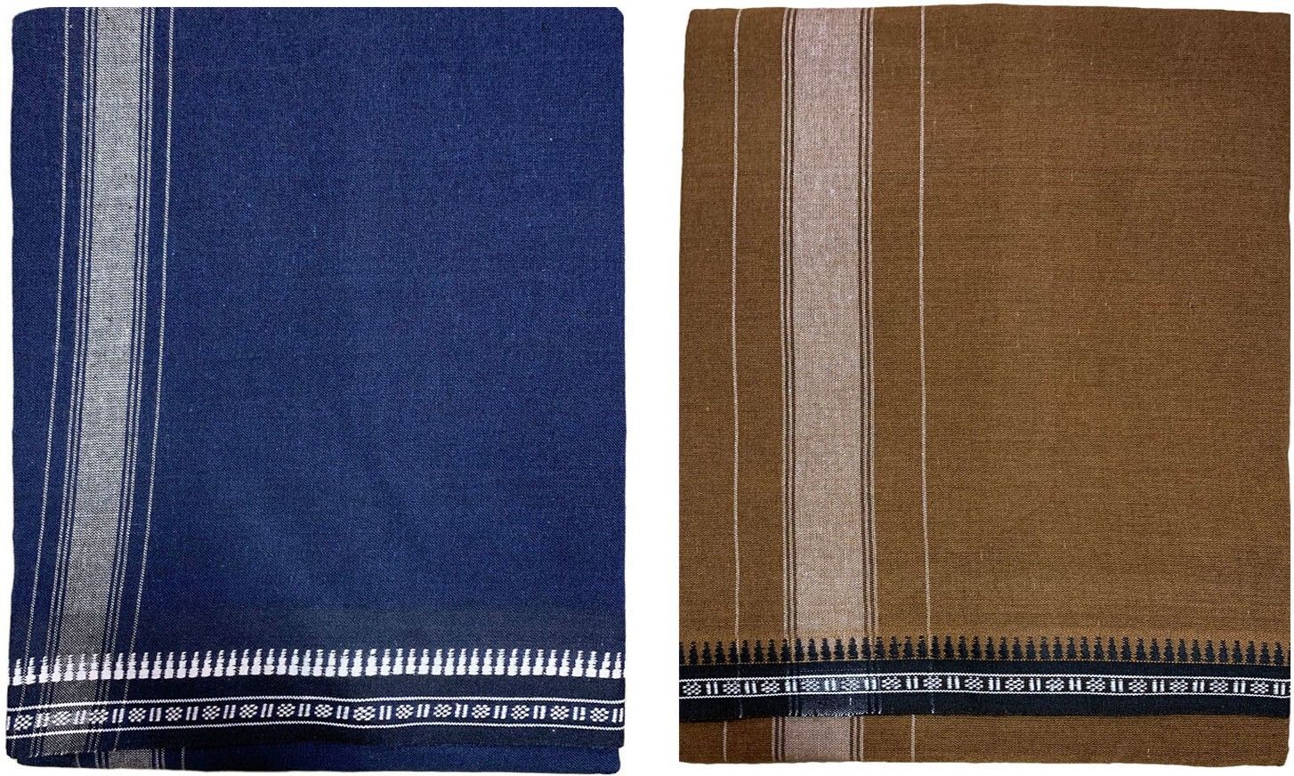 Prakasam Cotton Premium quality Mens Kerala Style Thalapathi Border Single (1.28X2.00 mtrs) -Dhoti-kerala Single mundu (Pack of 2 dhoties)-Navy-Kakki Solid Men Dhoti-image-18