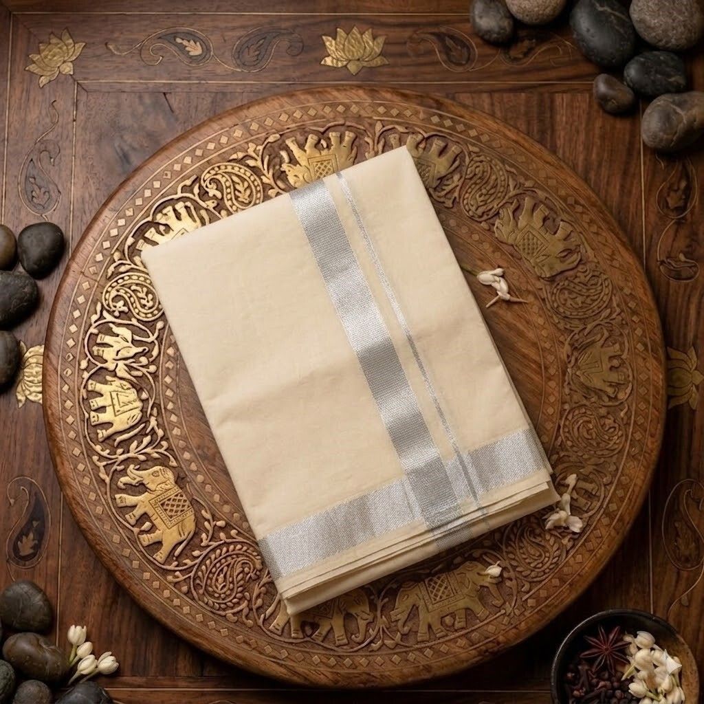 Kunjus Men Cotton Double Layer Cream Dhoti with 1" Silver Border 4 Mtrs Solid Women Dhoti-image-46