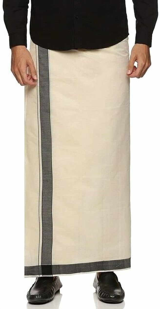 NANMAYA Men Cotton Double Cream Dhoti Mundu with 1" Black and Gold Border 4.00 Mtrs Solid Women Dhoti-image-41