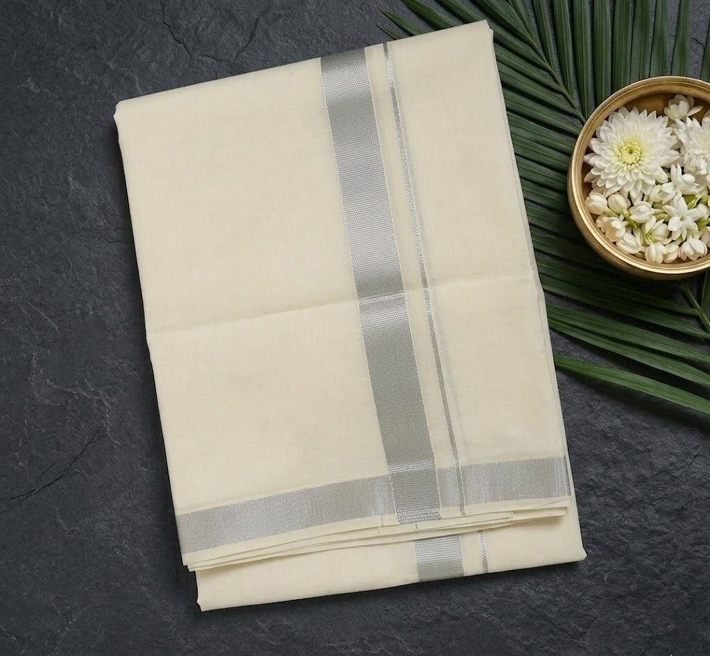 SaveriGroup Men Cotton Double Layer Cream Dhoti with 1" Silver Border 4 Mtrs Solid Women Dhoti-image-19