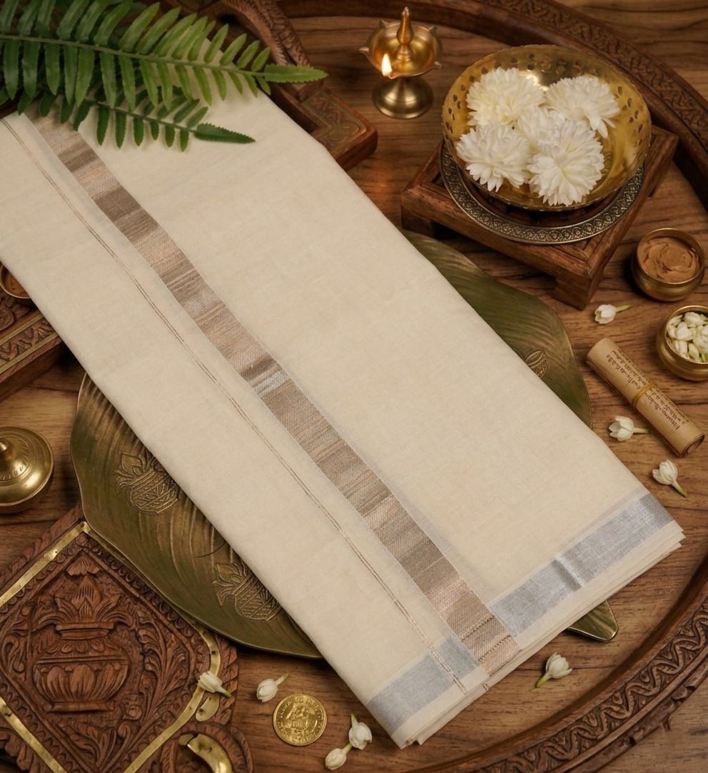 SaveriGroup Men Cotton Double Layer Cream Dhoti with 1" Silver Border 4 Mtrs Solid Women Dhoti-image-19