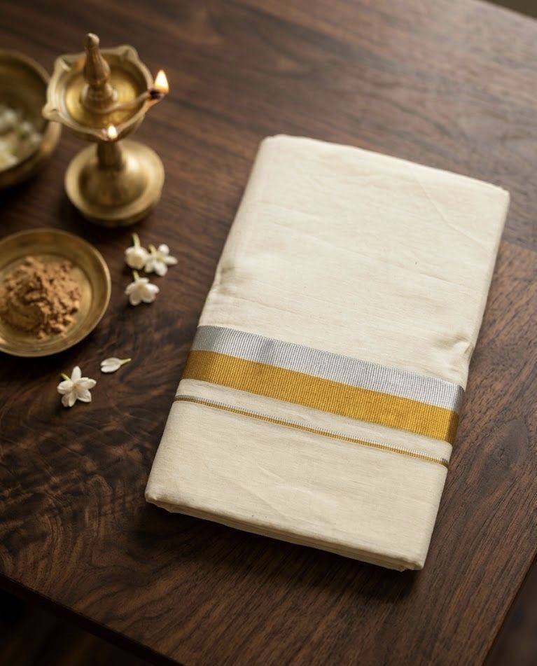 NANMAYA Men Cotton Double Cream Dhoti Mundu with 1" Silver and Gold Border 4.00 Mtrs Solid Women Dhoti-image-37