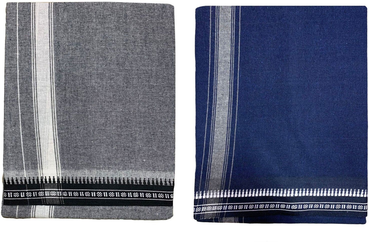 Prakasam Cotton Premium quality Mens Kerala Style Thalapathi Border Single (1.28X2.00 mtrs) -Dhoti-kerala Single mundu (Pack of 2 dhoties)-Ash:Navy Solid Men Dhoti-picture-12