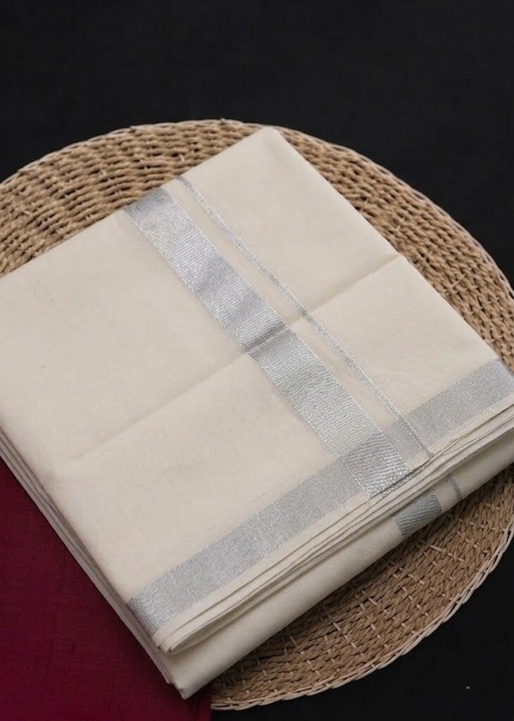 SaveriGroup Men Cotton Double Layer Cream Dhoti with 1" Silver Border 4 Mtrs Solid Women Dhoti-picture-40