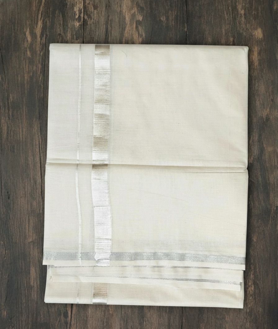 Kunjus Men Cotton Double Layer Cream Dhoti with 1" Silver Border 4 Mtrs Solid Women Dhoti-image-40
