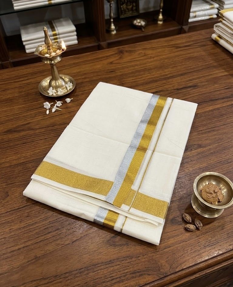 NANMAYA Men Cotton Double Cream Dhoti Mundu with 1" Silver and Gold Border 4.00 Mtrs Solid Women Dhoti-image-33