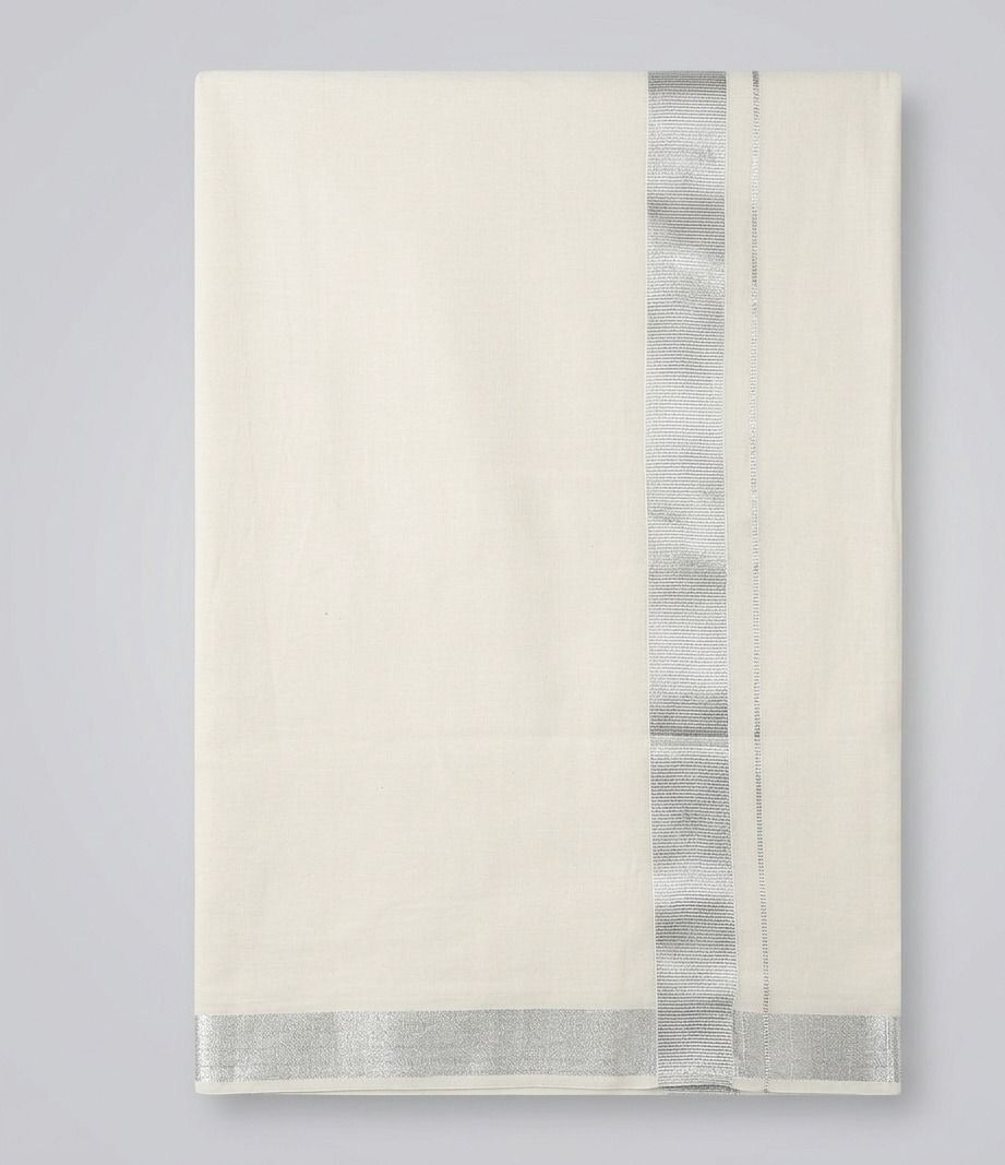 SaveriGroup Men Cotton Double Layer Cream Dhoti with 1" Silver Border 4 Mtrs Solid Women Dhoti-image-42