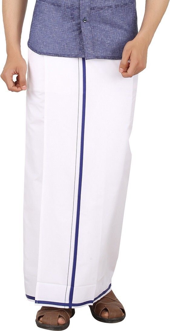 Prakasam Cotton Premium Quality Readymade Pocket -White Cotton With Navy Border Solid Men Dhoti-picture-13
