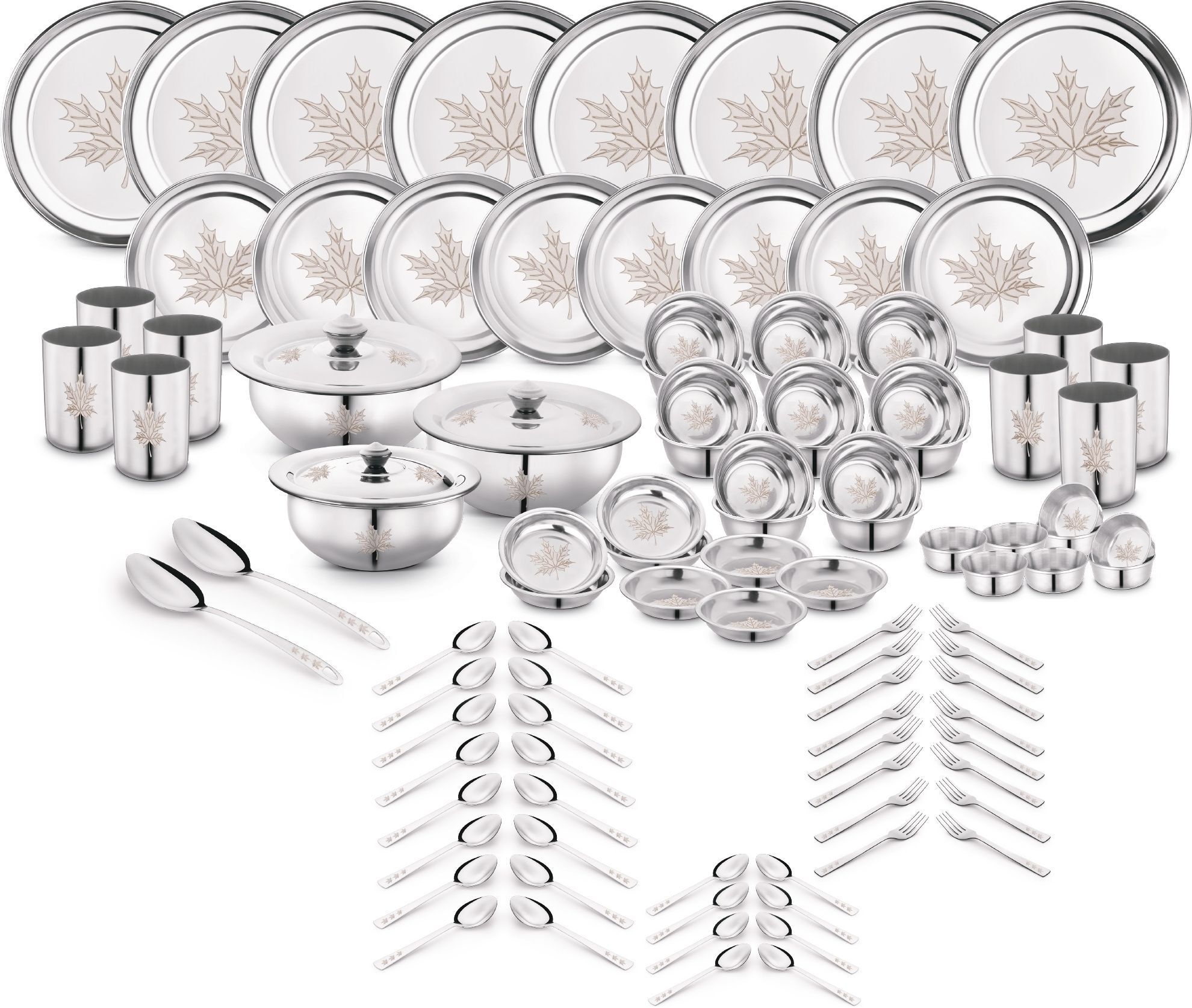 Pack of 101 Stainless Steel Dinner Set|Serves 8 People|Heavy Gauge|Kitchen Set|Permanent Laser-Maple Dinner Set-image-3