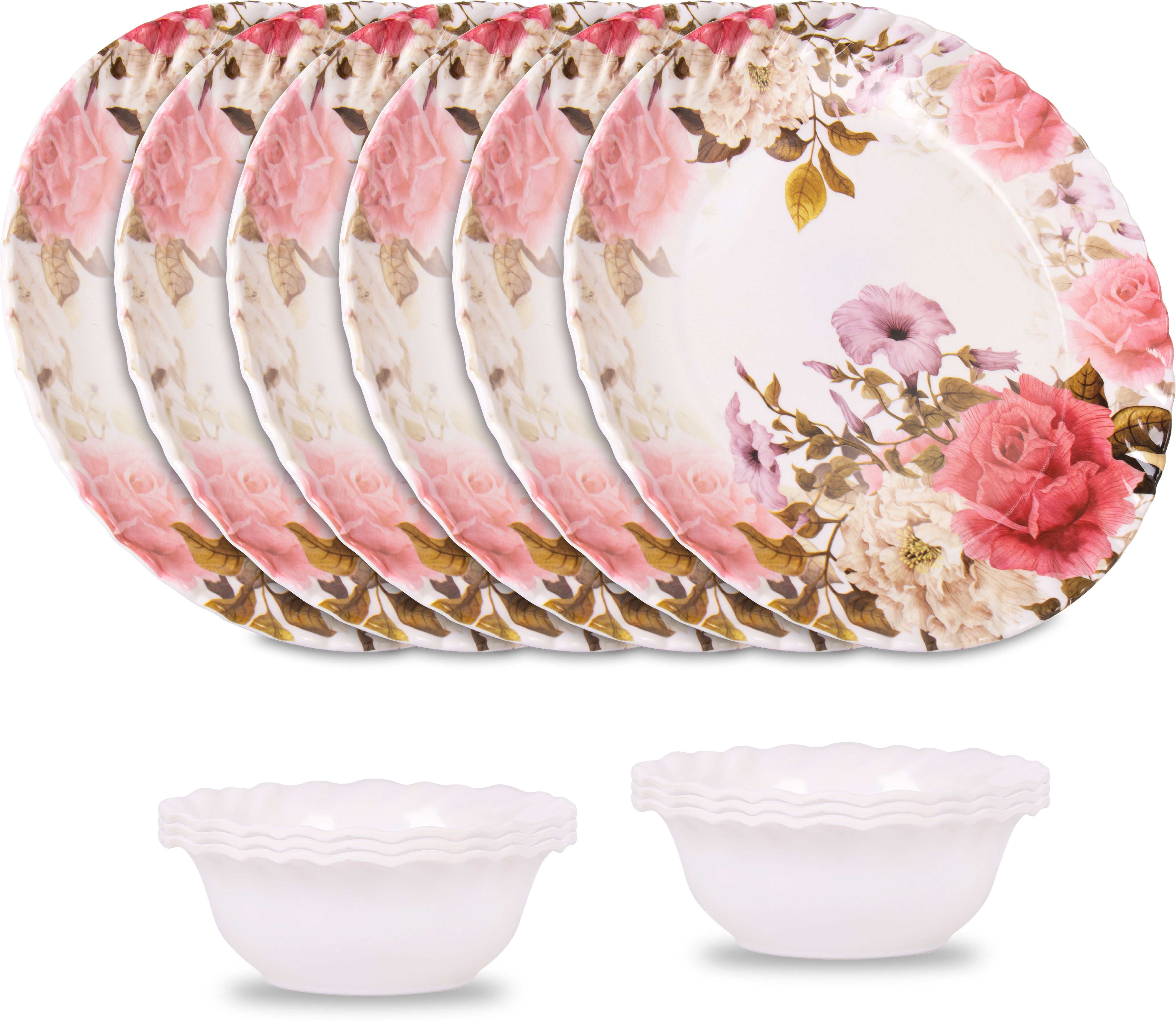 Pack of 12 Melamin Royal Rose Lehar Pink Floral Print 6 Full Plates & 6 Bowl Crockery Set Dinner Set-image-32
