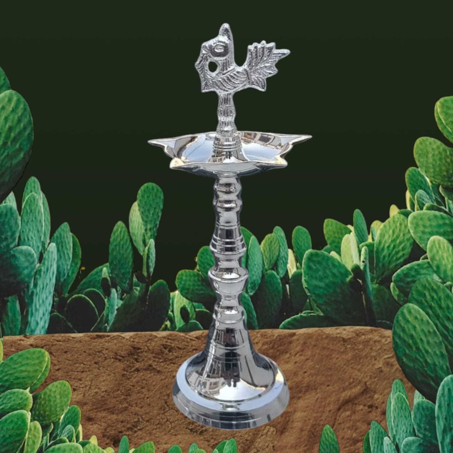 Silver Plated Brass Peacock Kerala Samai Mahabharat Panchmukhi Diya.1 PCS Brass, Silver Plated Table Diya-image-48