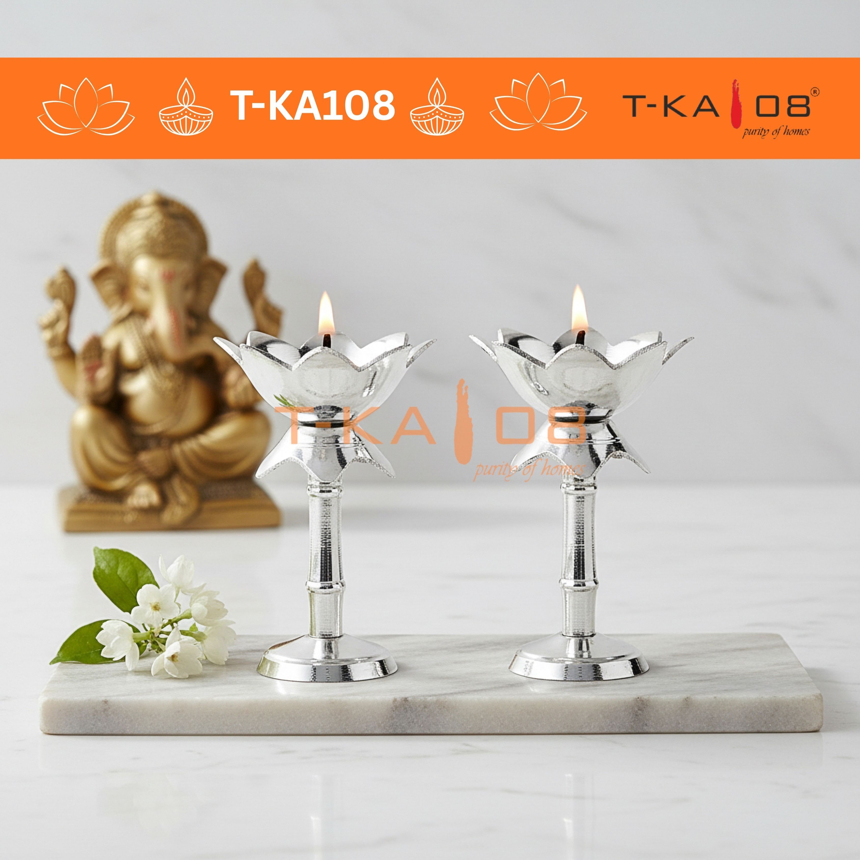 Brass Kamal Stand German Silver Finish – 4 Inch Lotus Pooja Decorative Stand Brass (Pack of 2) Table Diya Set-image-14