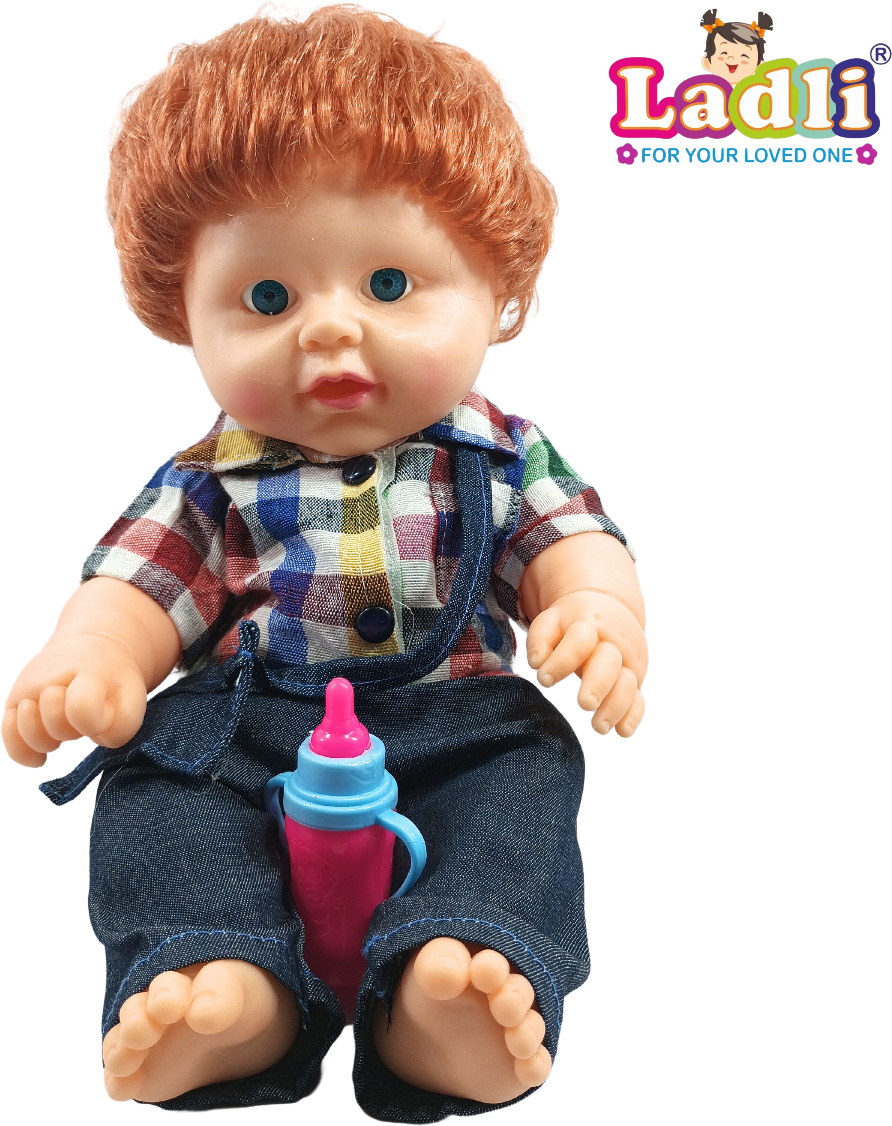 Golu Baba Doll Little Boy in Teddy Check Dress Doll for Kids Rubber Clothes_B