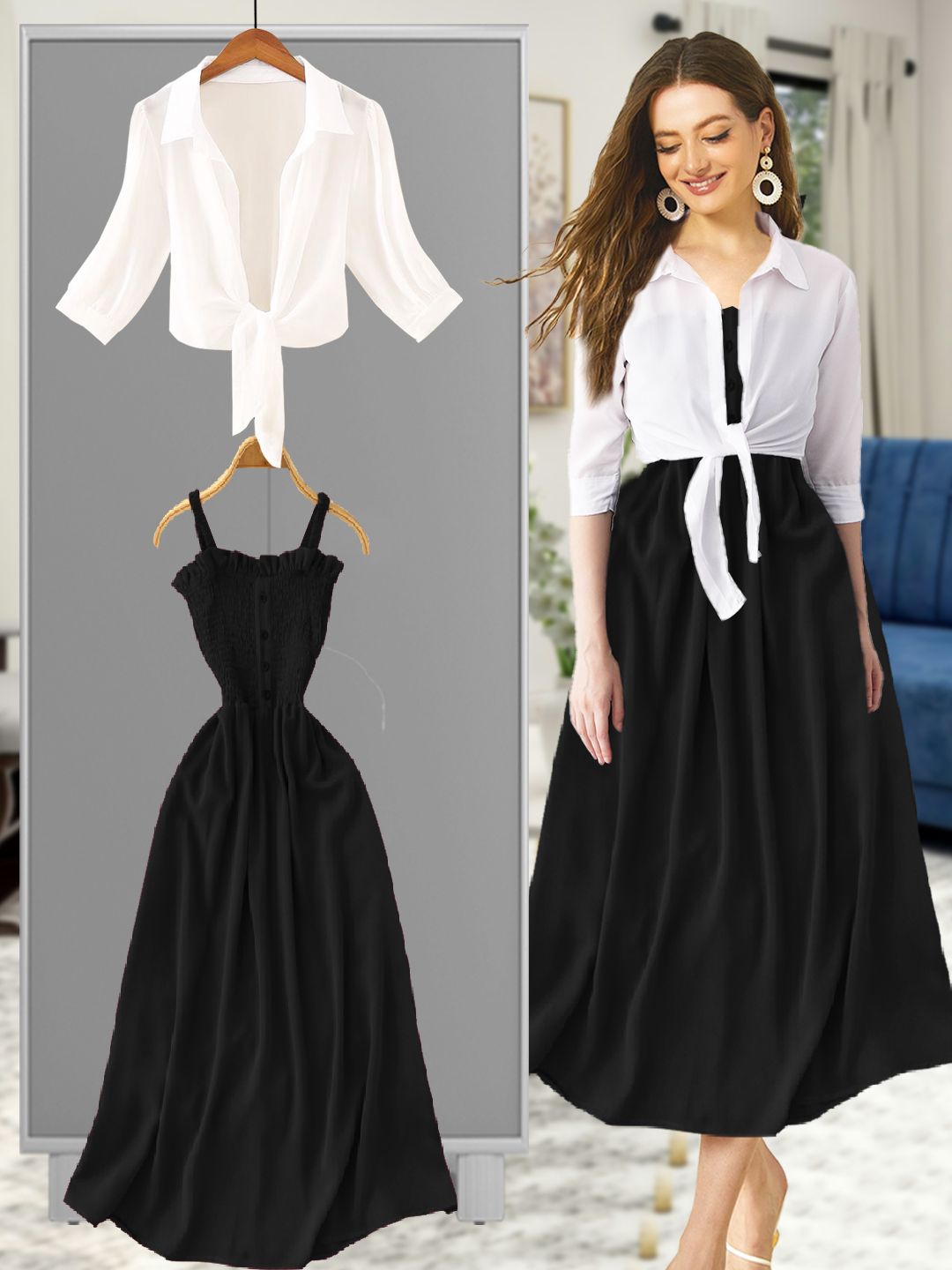 Women A-line White, Black Ankle Length Dress