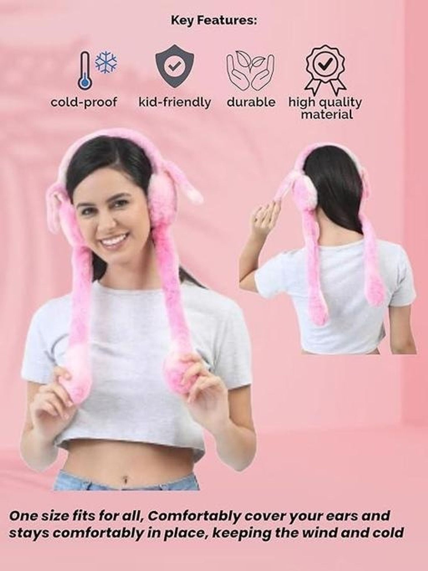rajwada fabrics Cute Bunny Ear Winter Earmuffs with Chuchu Rabbit Sound Ear Warmers Ear Muff-picture-31