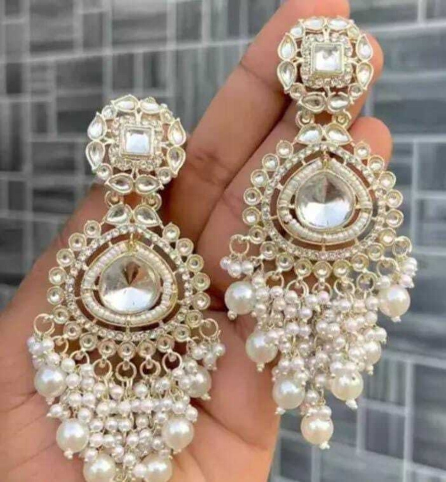 lalji White Pearl Kundan Mirror Beads White Gold Plated Drop And Danglers Earrings Set Carnelian Sterling Silver Clip-on Earring image 1