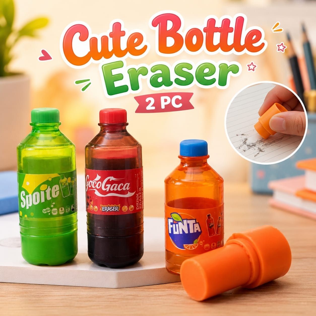 aaradhyam Creative School Stationary Cute Bottle Shape Eraser Set For Kids Non-Toxic Eraser-picture-42