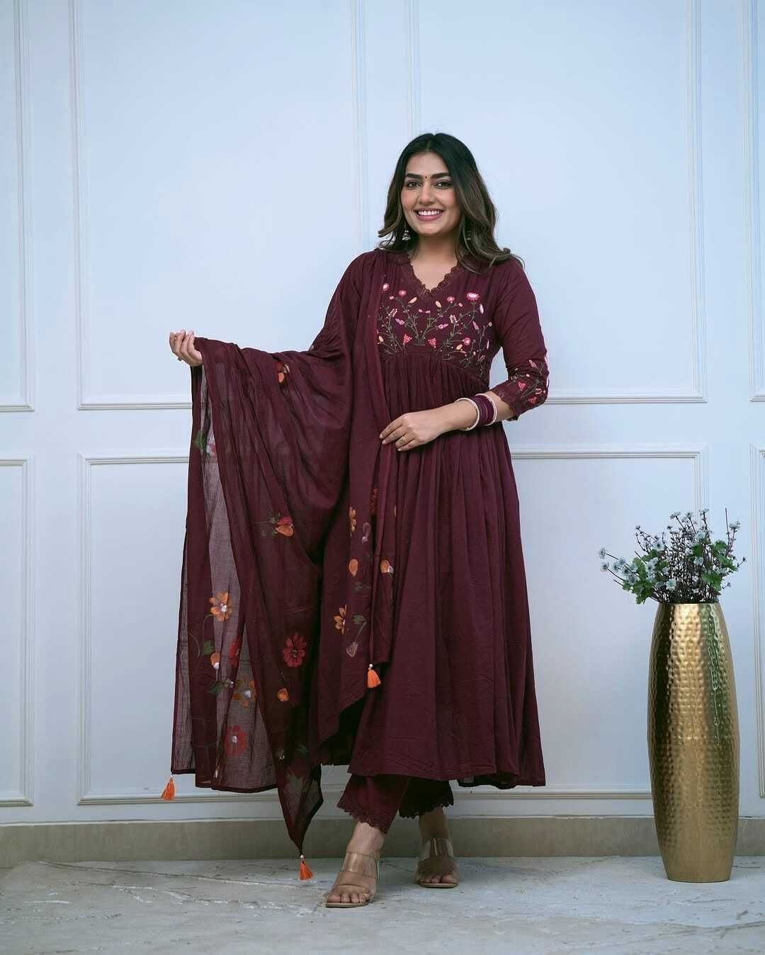 Solid, Embroidered Pure Cotton Stitched Anarkali Gown