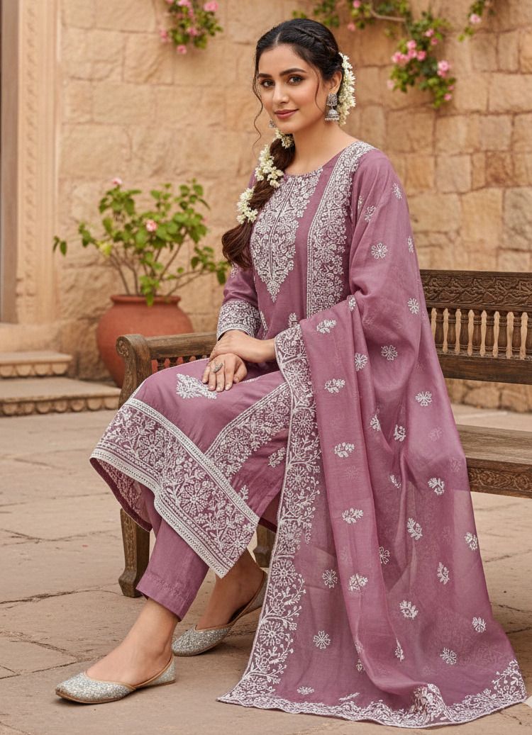 Unstitched Chanderi Salwar Suit Material Embroidered