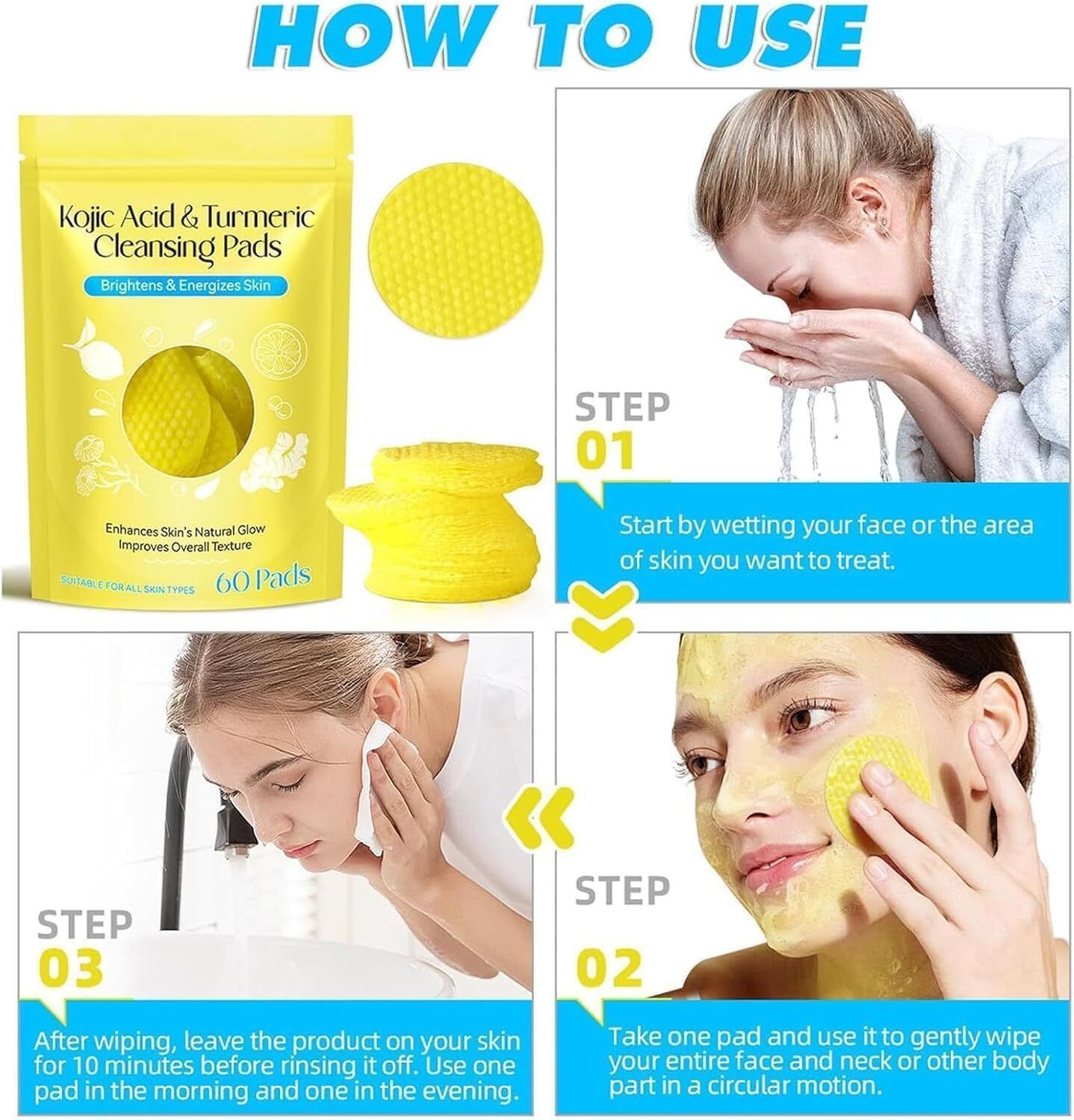 Kojic Acid Cleansing Pads, 60 Count Turmeric and Kojic Acid Pads 7 Wipe Warmer