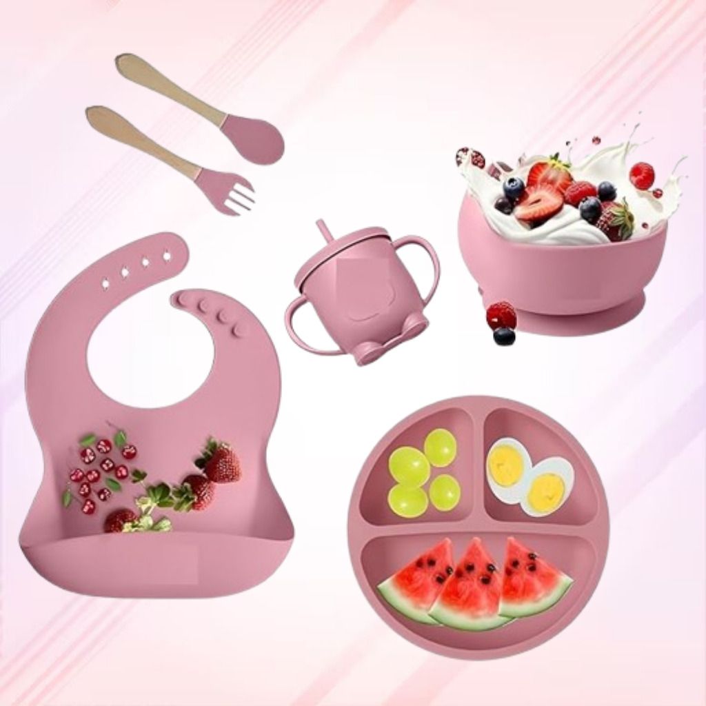 6PC_Infant Dining Kit with Spoon Fork Bowl Plate and Bib - Silicone-image-1