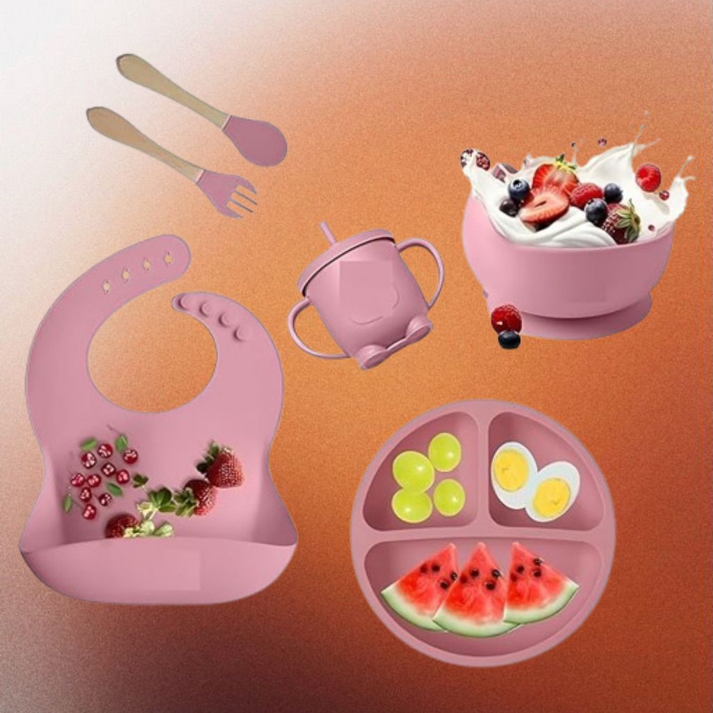 6PC_Infant Meal Set with Spoon Fork Bowl Plate and Bib - Silicone-image-8