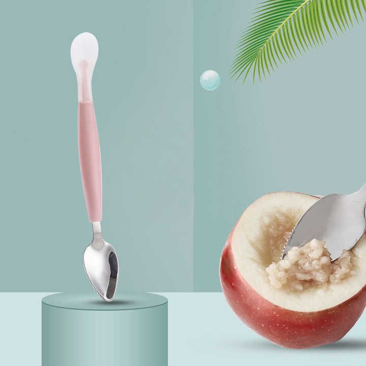 Double Head Baby Spoon Silicone Soft Baby Fruit Scraping Mud Feeding 2 in1- Silicone, Stainless Steel-image-33