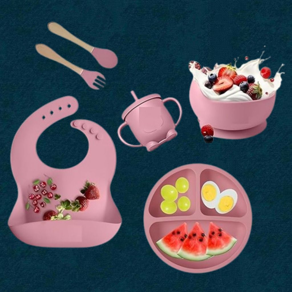 6PC_Kids Feeding Combo with Plate Bowl Spoon Fork and Bib - Silicone-image-49