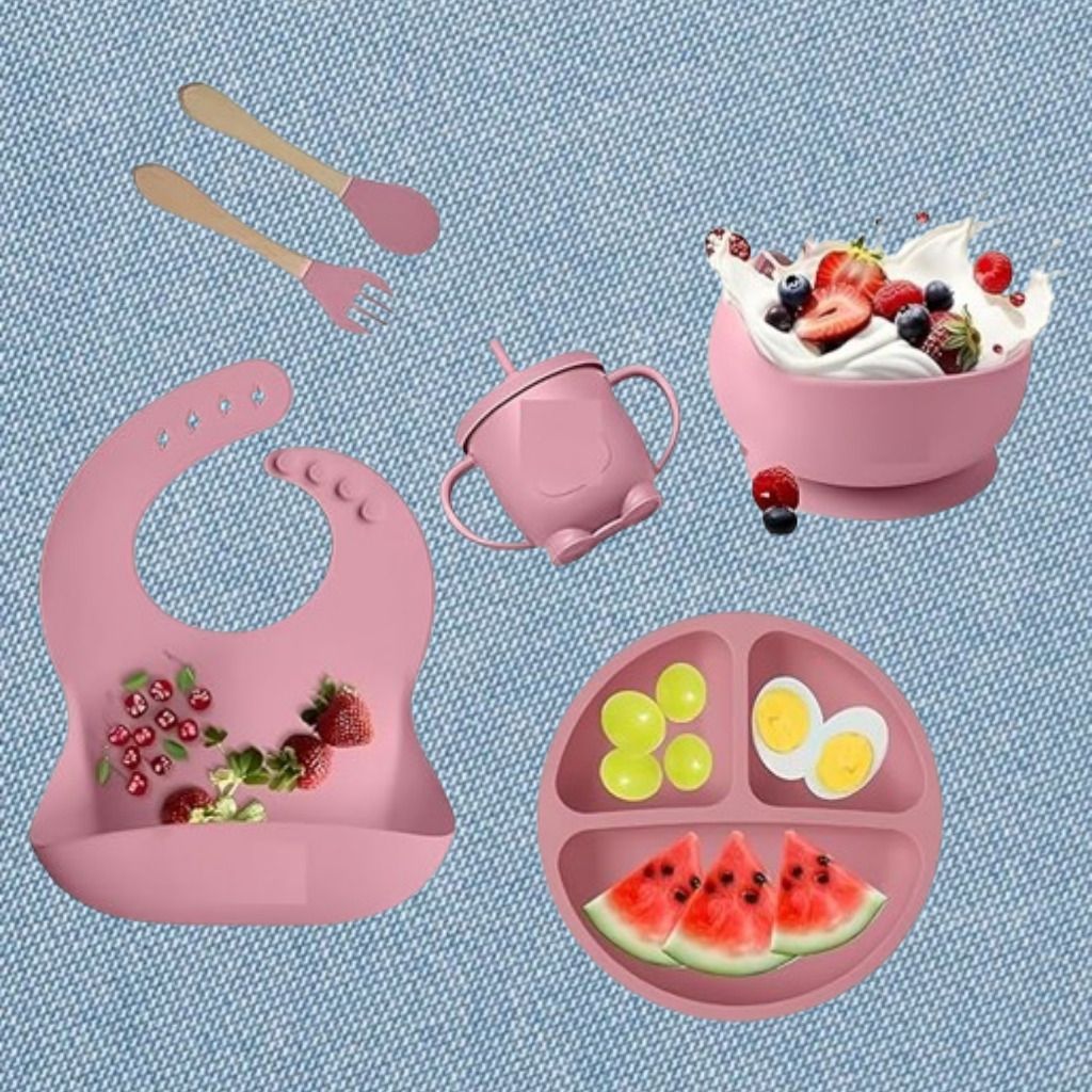 6PC_Infant Feeding Combo with Bowl Plate Spoon Fork and Bib - Silicone-image-4