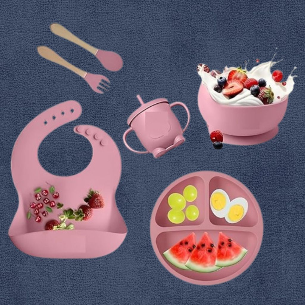 6PC_Kids Feeding Combo with Plate Bowl Spoon Fork and Bib - Silicone-image-48