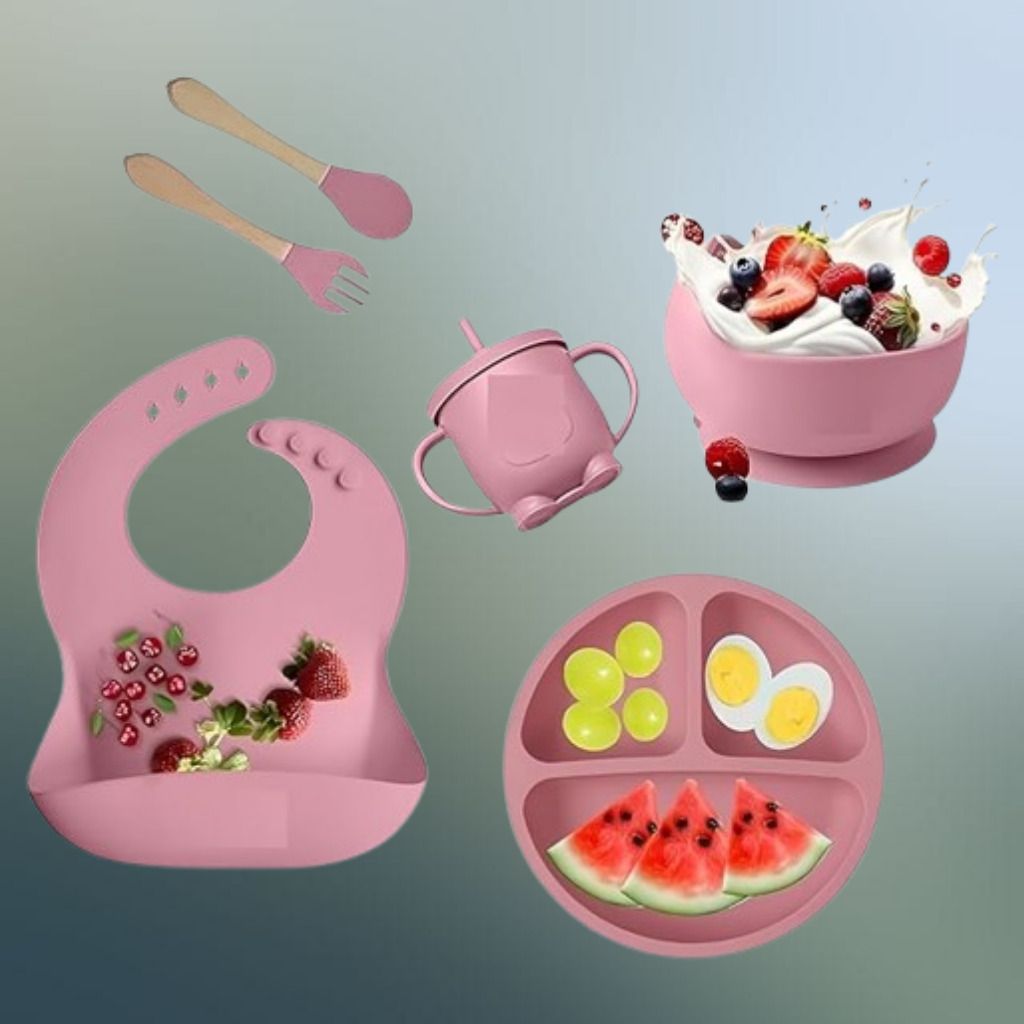 6PC_Infant Feeding Set with Bowl Plate Spoon Fork and Bib - Silicone-image-7